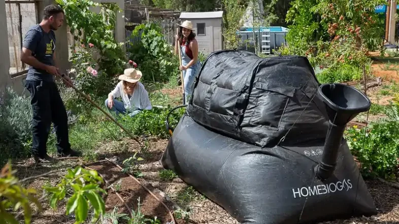 A black plastic anaerobic digester by HomeBiogas.