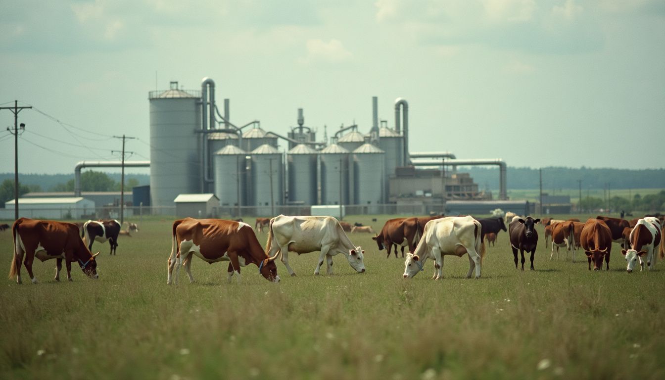 A dairy farm with cows grazing and methane gas capture pipes.