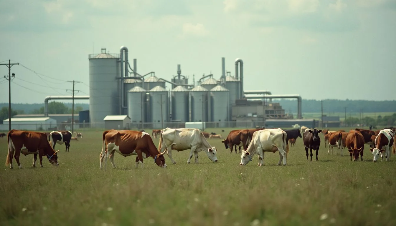 A dairy farm with cows grazing and methane gas capture pipes. A dairy farm with cows grazing and methane gas capture pipes.
