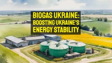farm biogas plant in Biogas Ukraine style is shown in the foreground in flat countryside.