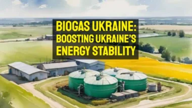 farm biogas plant in Biogas Ukraine style is shown in the foreground in flat countryside.