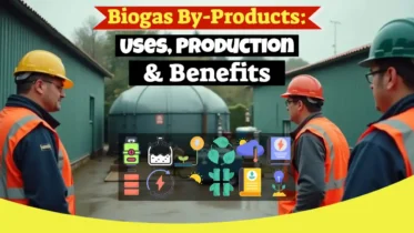 Workers monitor biogas by-products operations at an outdoor biogas plant with a digester tank.