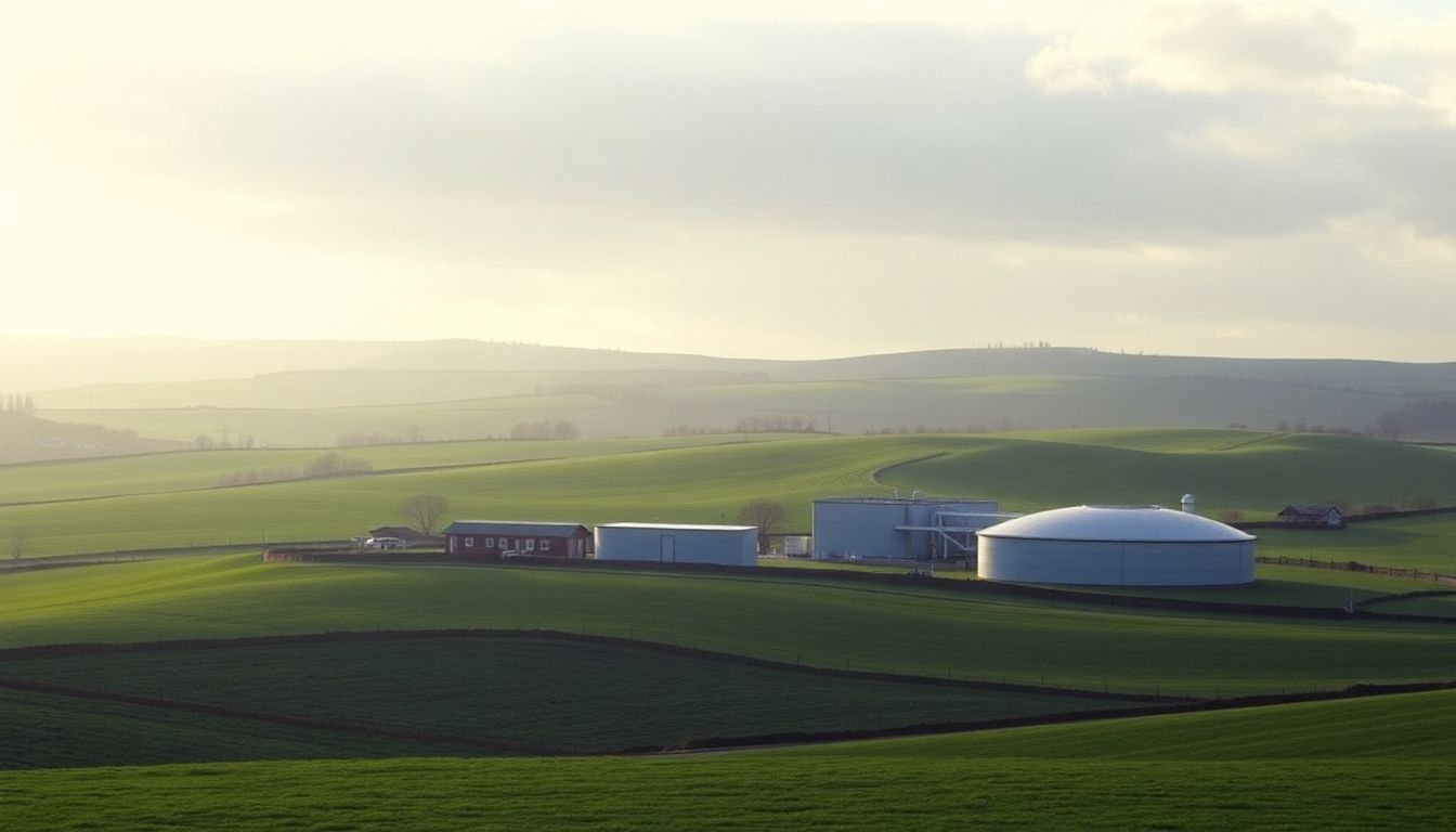 An anaerobic digestion facility in the Irish countryside reduces greenhouse gas emissions.