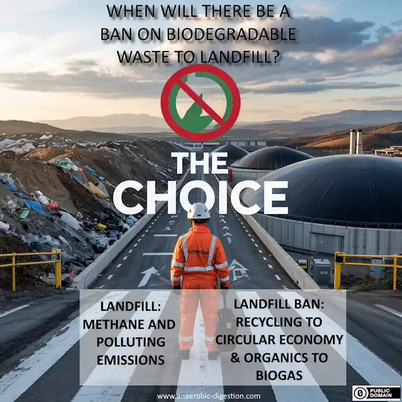 Infographic: organic treatment and biogas vs landfill pollution.
