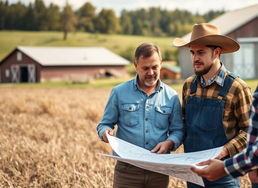 Farm energy consultant discussing renewable options with farmer Farm energy consultant discussing renewable options with farmer