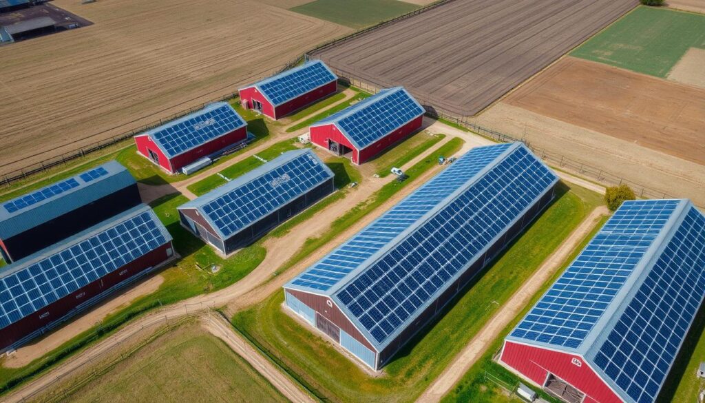 Solar panels installed on a farm barn roof with agricultural fields in background Solar panels installed on a farm barn roof with agricultural fields in background