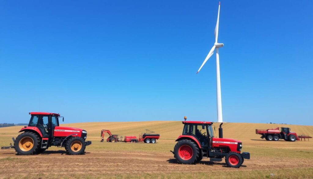 Wind turbine installation on farmland with agricultural equipment nearby Wind turbine installation on farmland with agricultural equipment nearby