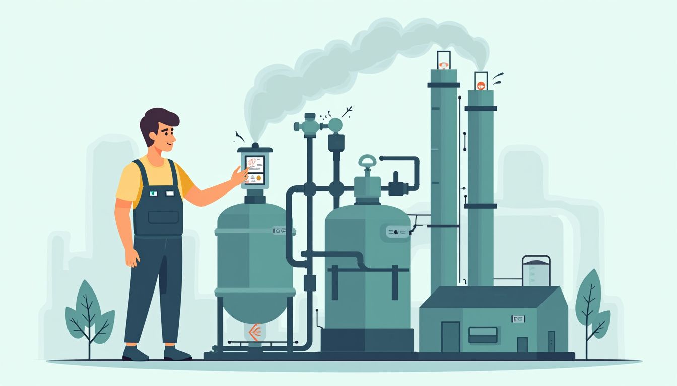 Male technician beside an industrial evaporation system at a biogas plant.