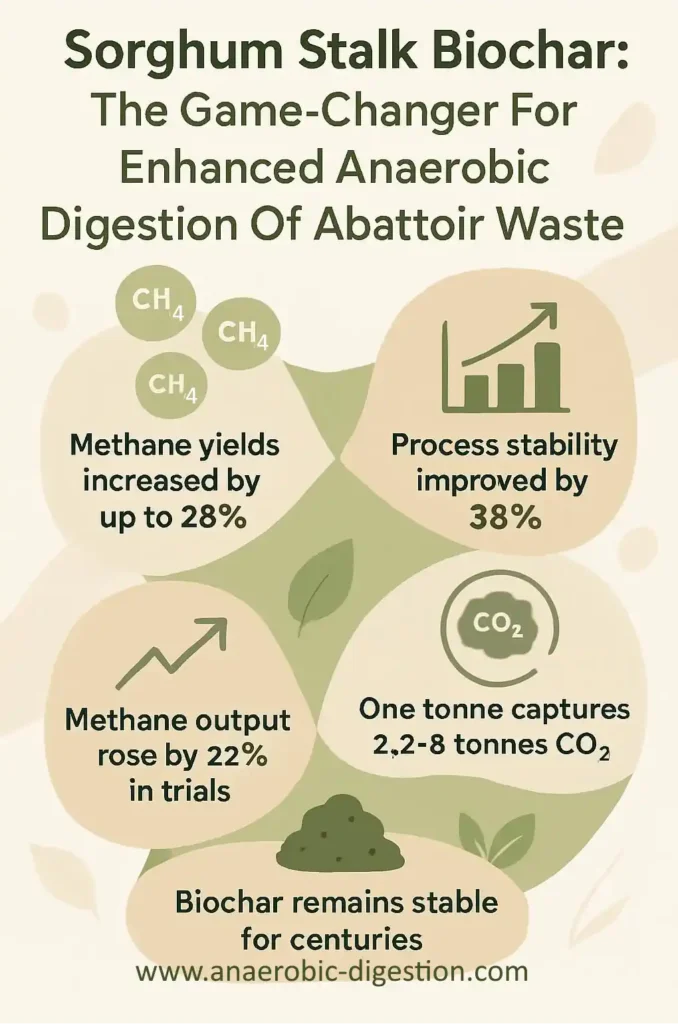 sorghum stalk biochar benefits for abattoir waste infographic.