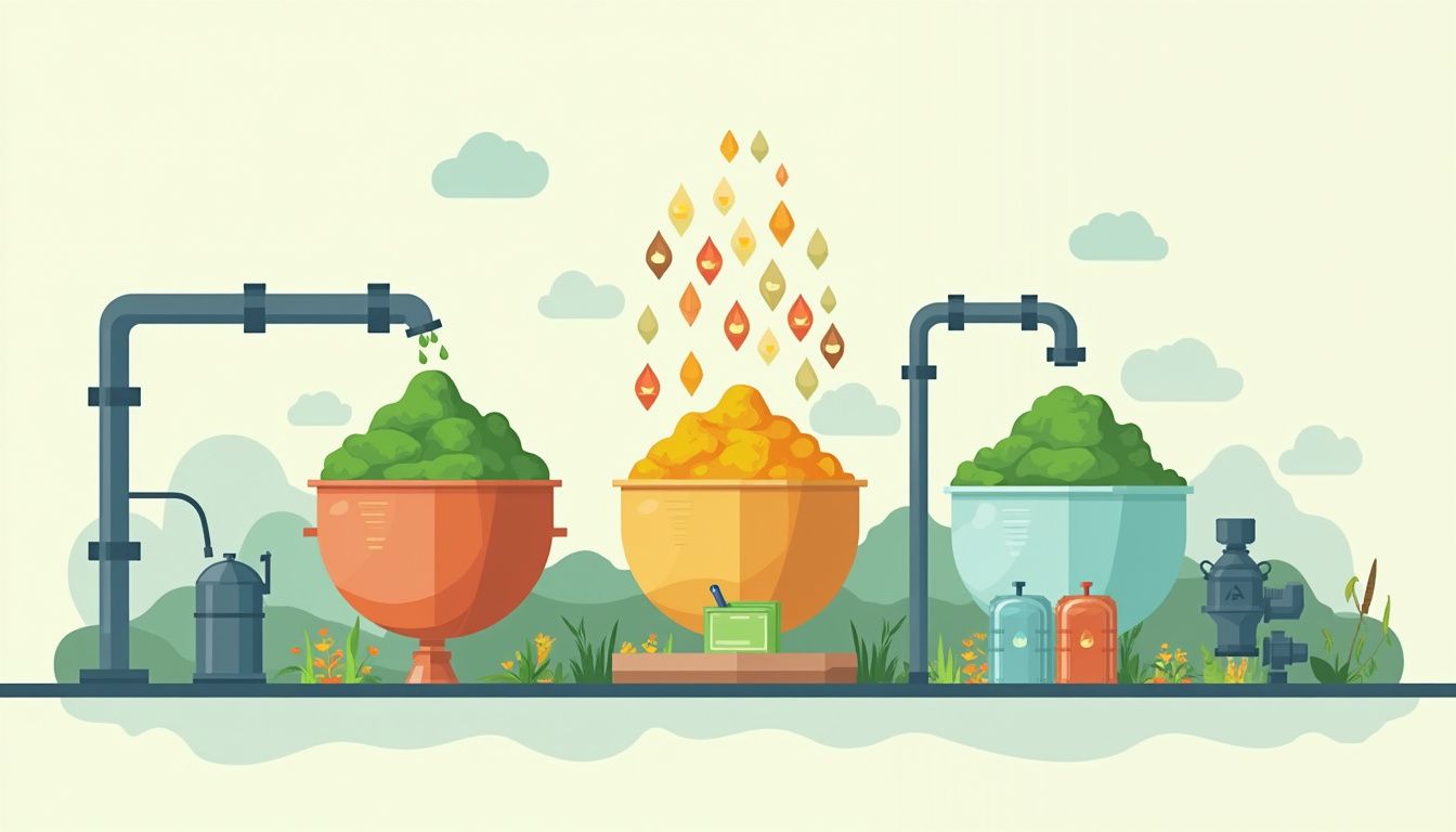 Minimalist vector illustration of an anaerobic digester with colourful waste.