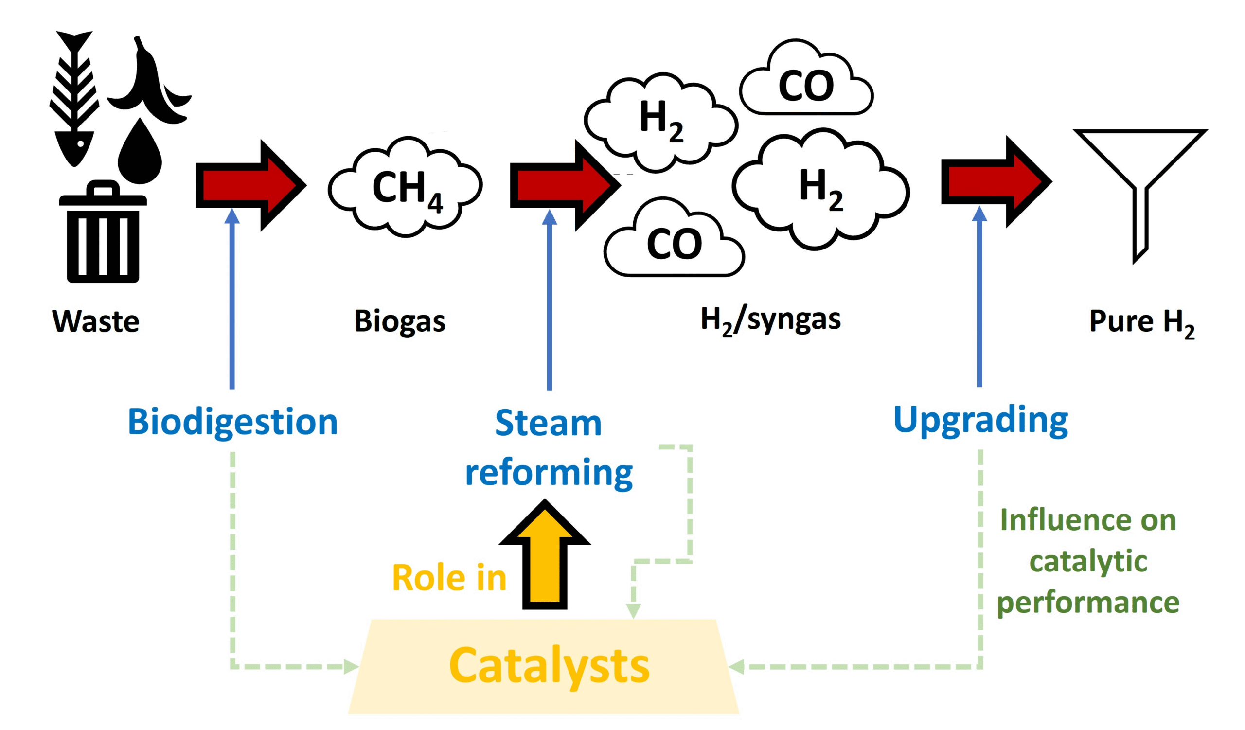 Infographic that shows biogas production reforming using catalysts.