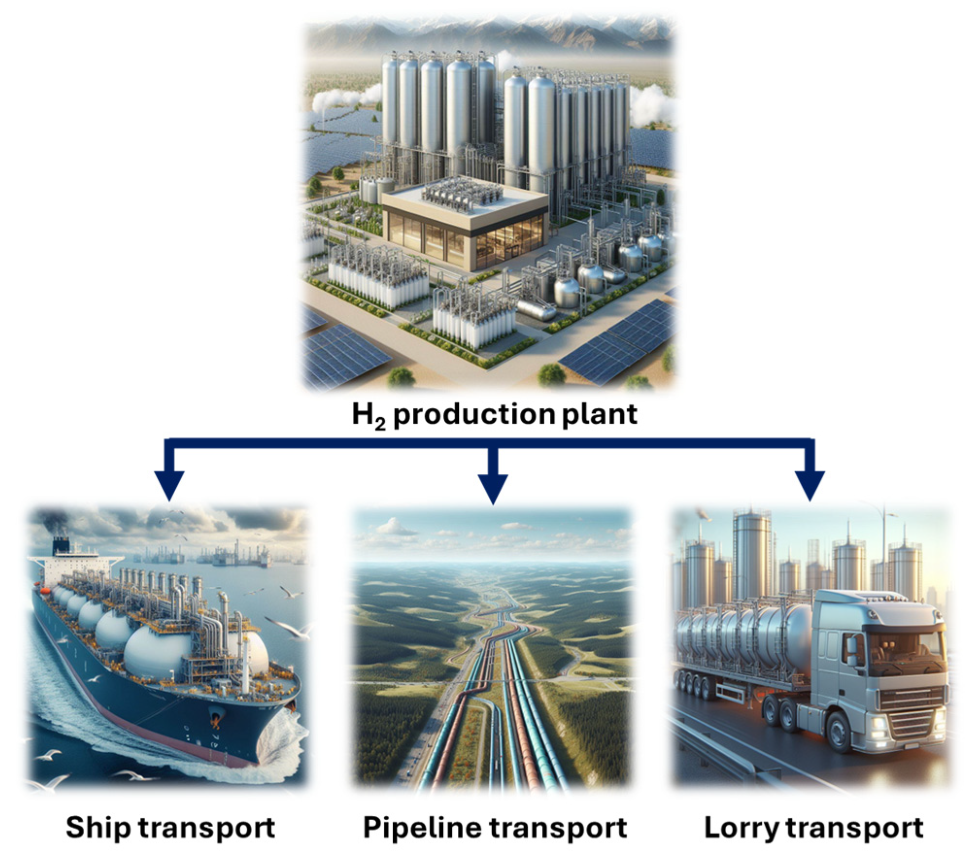 Hydrogen production from biogas and transport via shipping pipeline and lorry transport.