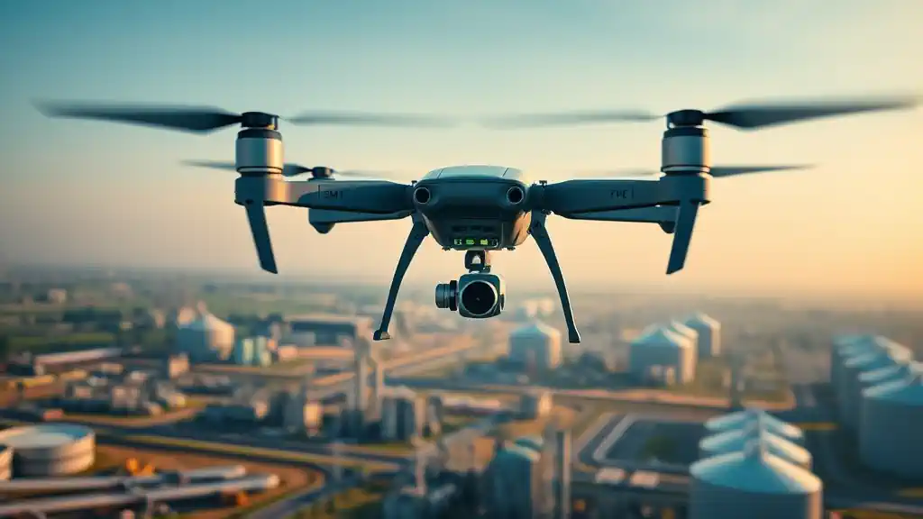 A drone equipped with AI-powered OGI sensor scanning a UK biogas plant for fugitive methane emissions, illustrating advanced emissions test methods.