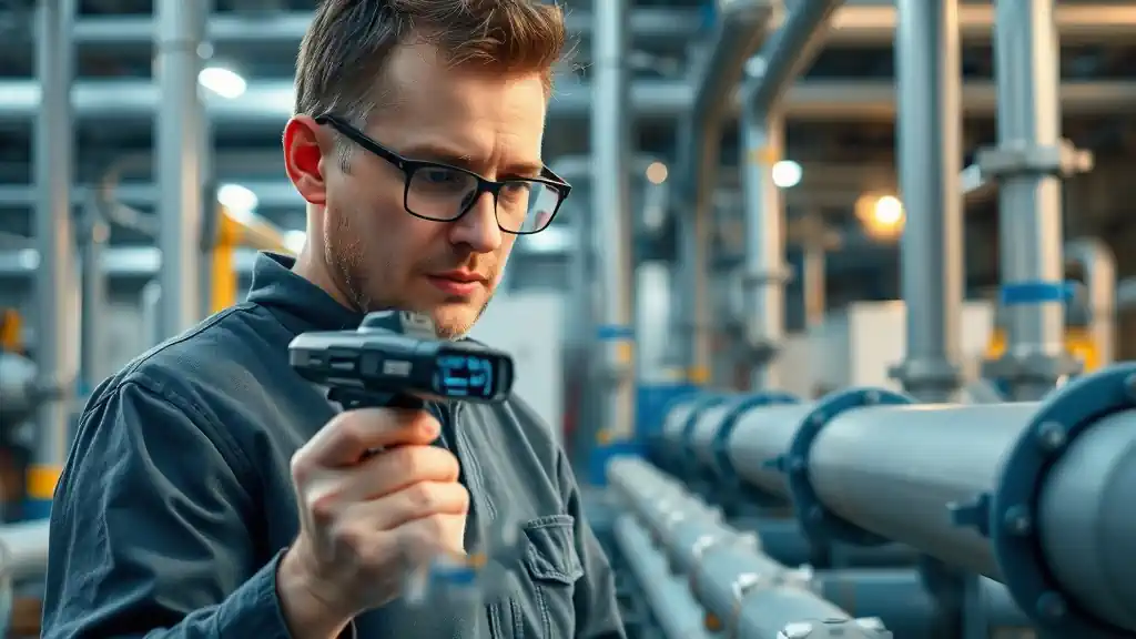 Technician using handheld OGI camera to conduct methane leak detection at a UK biogas plant, close-up on scanning pipelines, modern leak detection technology in focus.