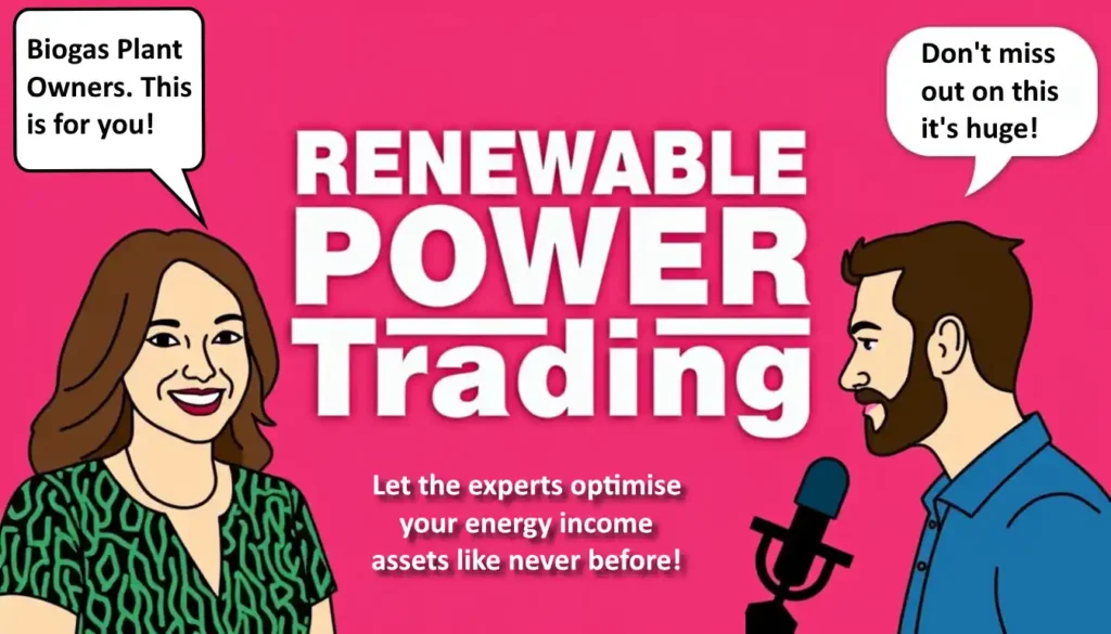 Renewable Power Trading cartoon explains what renewable energy market services can provide to bolster the income of biogas plant businesses.
