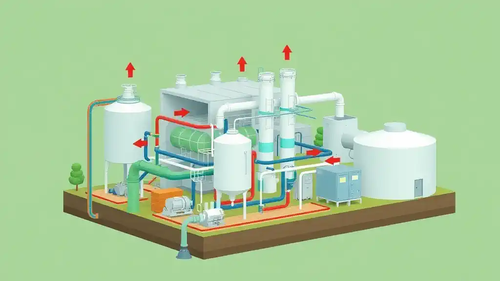 Detailed cutaway diagram of a biogas plant showing scattered sources of fugitive emissions, including digesters, pipelines and valves. Gas leak pathways illustrated for educational insight.
