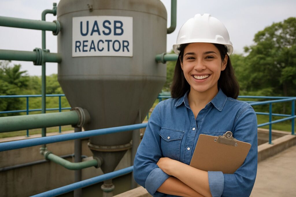 A water treatment specialist stands by a pilot scale UASB pilot plant. A UASB Reactor Design that treats wastewater, reduces energy use (40-60%), and generates renewable biogas. A water treatment specialist stands by a pilot scale UASB pilot plant. A UASB Reactor Design that treats wastewater, reduces energy use (40-60%), and generates renewable biogas.