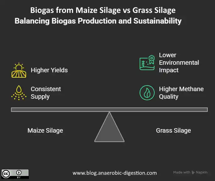 Biogas Production Comparison - Maize Silage vs. Grass Silage - infographic. Biogas Production Comparison - Maize Silage vs. Grass Silage - infographic.