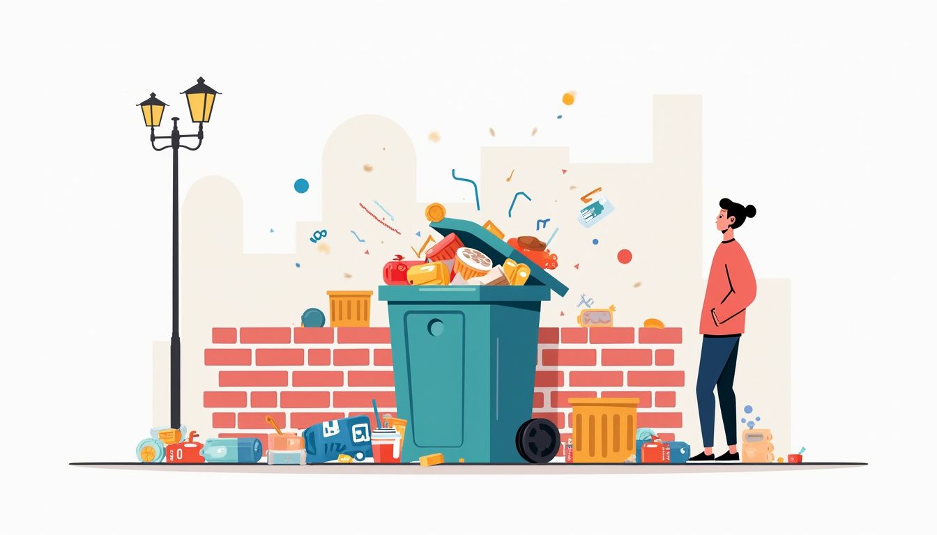 Overflowing bin in an alley with scattered plastic food wraps and spoiled produce. Contamination of Food waste threatens its use to feed the anaerobic digestion process.