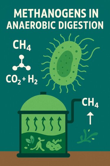 Graphic that shows a cartoon of a methanogen with a cartoon of an anaerobic digestion plant to suggest the role of methanogens in anaerobic digestion..