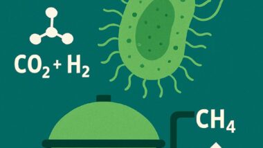 Graphic that shows a cartoon of a methanogen with a cartoon of an anaerobic digestion plant to suggest the role of methanogens in anaerobic digestion..