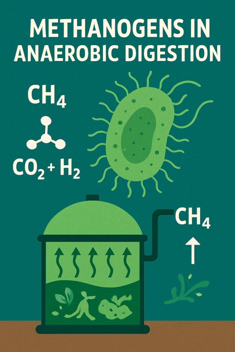 Graphic that shows a cartoon of a methanogen with a cartoon of an anaerobic digestion plant to suggest the role of methanogens in anaerobic digestion..
