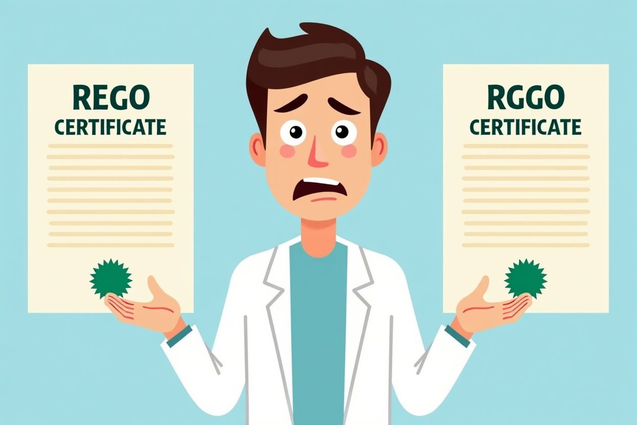 Cartoon that shows a guy who is puzzled about the difference between 2 Certificates he is holding. A REGO Scheme Certificate and an RGGO Certificate.