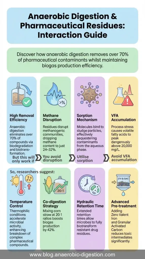 How anaerobic digestion and pharmaceutical residues interact to achieve treatment of pharmaceutical pollution during wastewater treatment - Explanatory infographic. How Anaerobic Digestion And Pharmaceutical Residues Interact to achieve pharmaceutical pollution during Wastewater Treatment - Explanatory Infographic.
