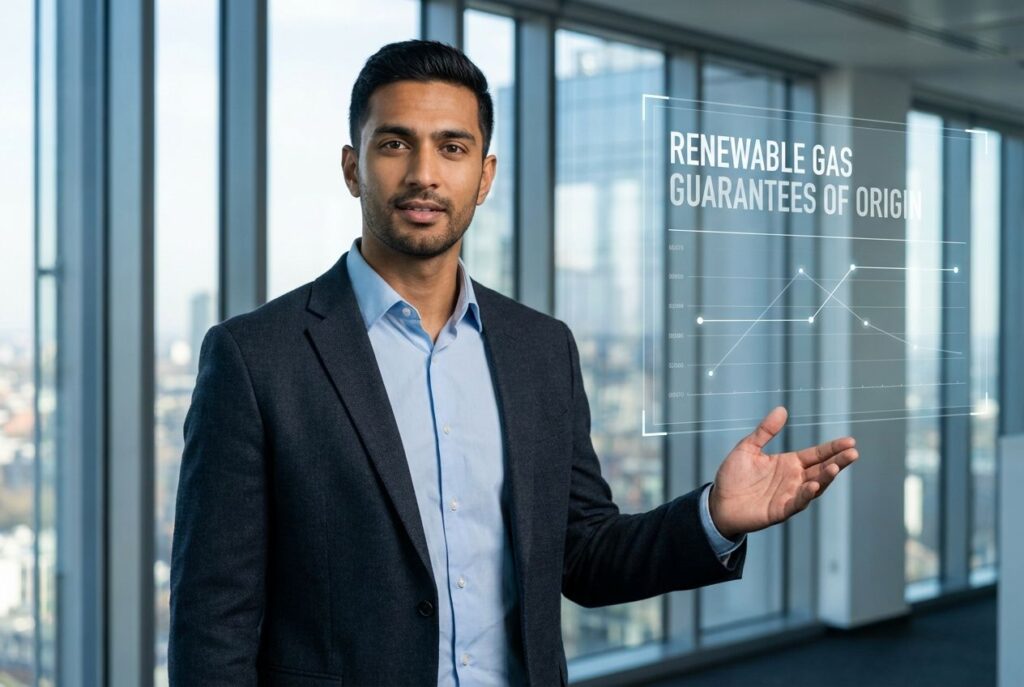 A financial expert is confidently explaining how RGGOs can bring additional value to grid injected biomethane (purified biogas). A financial expert is confidently explaining how RGGOs can bring additional value to grid injected biomethane (purified biogas).