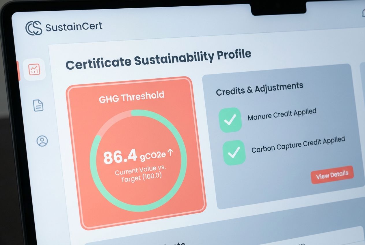 A digital dashboard display showing sustainability metrics for green gas certificates. A digital dashboard display showing sustainability metrics for green gas certificates.