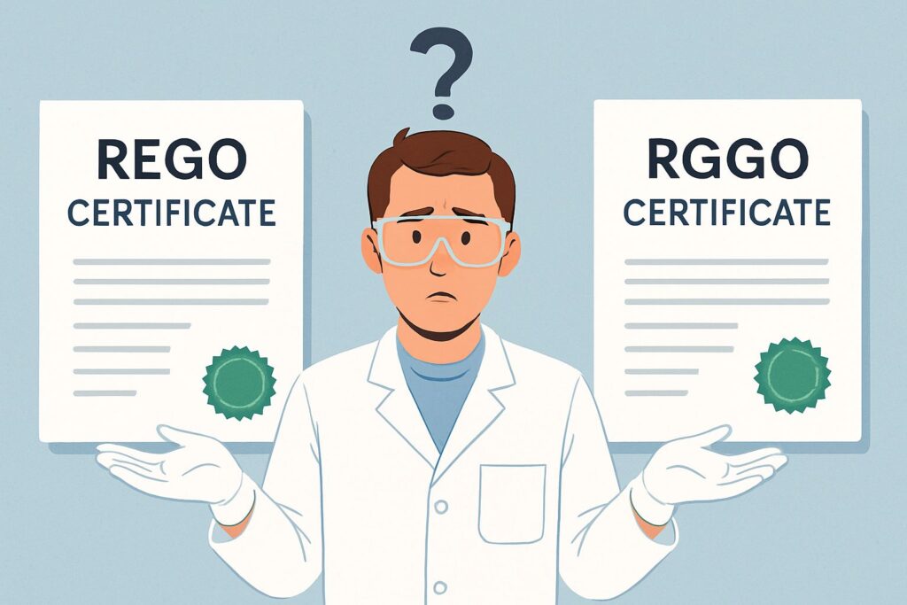Cartoon that shows a guy who is puzzled about the difference between 2 Certificates he is holding. A REGO Scheme Certificate and an RGGO Certificate.