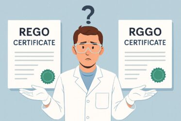 Cartoon that shows a guy who is puzzled about the difference between 2 Certificates he is holding. A REGO Scheme Certificate and an RGGO Certificate.