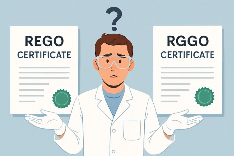 Cartoon that shows a guy who is puzzled about the difference between 2 Certificates he is holding. A REGO Scheme Certificate and an RGGO Certificate.