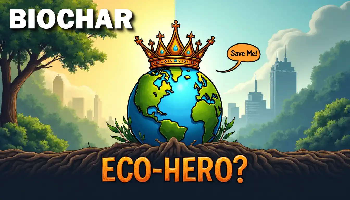 Biochar Poster with text Save Me Eco-hero? Makes the point about raising the efficiency of the food waste to energy process.