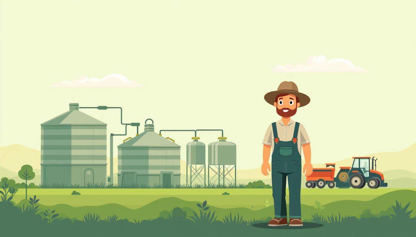 A mid-40s farmer stands beside a biogas plant, surrounded by minimalist fields and abstract farm machinery. A mid-40s farmer stands beside a biogas plant, surrounded by minimalist fields and abstract farm machinery.