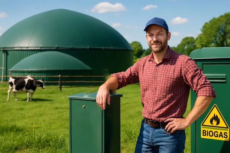 A biogas plant operator poses proudly while he leans happily on an anaerobic digestion plant control panel with the biogas plant digester tanks in the background.