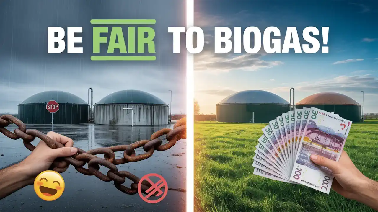 Image is a graphic with the text - Be Fair to Biogas!