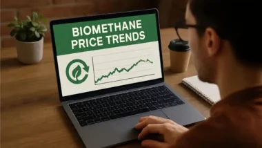 A man sits in front of a biomethane price trend chart on a laptop.