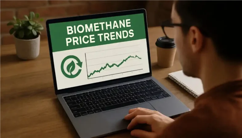 A man sits in front of a biomethane price trend chart on a laptop.