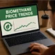 A man sits in front of a biomethane price trend chart on a laptop.