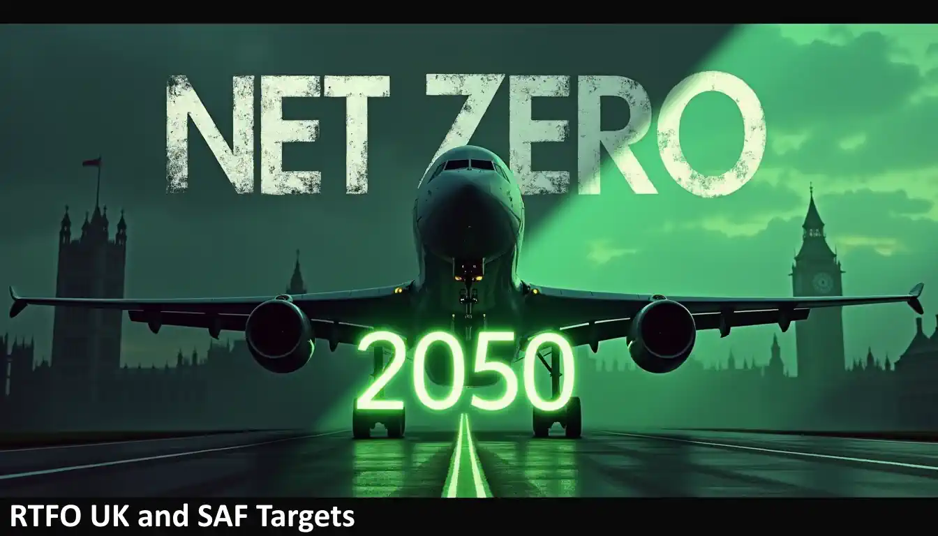 A dramatic image of a plane landing with famous London buildings in the background and the text Net Zero 2050 and RTFO and SAF Targets.