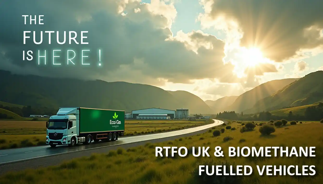 A scenic view and dramatic lighting in an image with the text: The future of RTFO UK biomethane fuelled transport.
