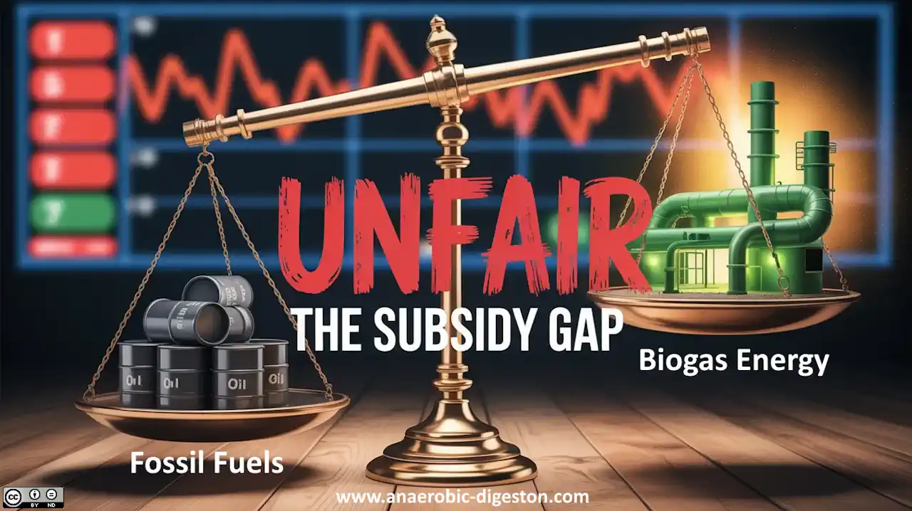The unfair Subsidy gap between fossil fuel support and biogas plant subsidy.