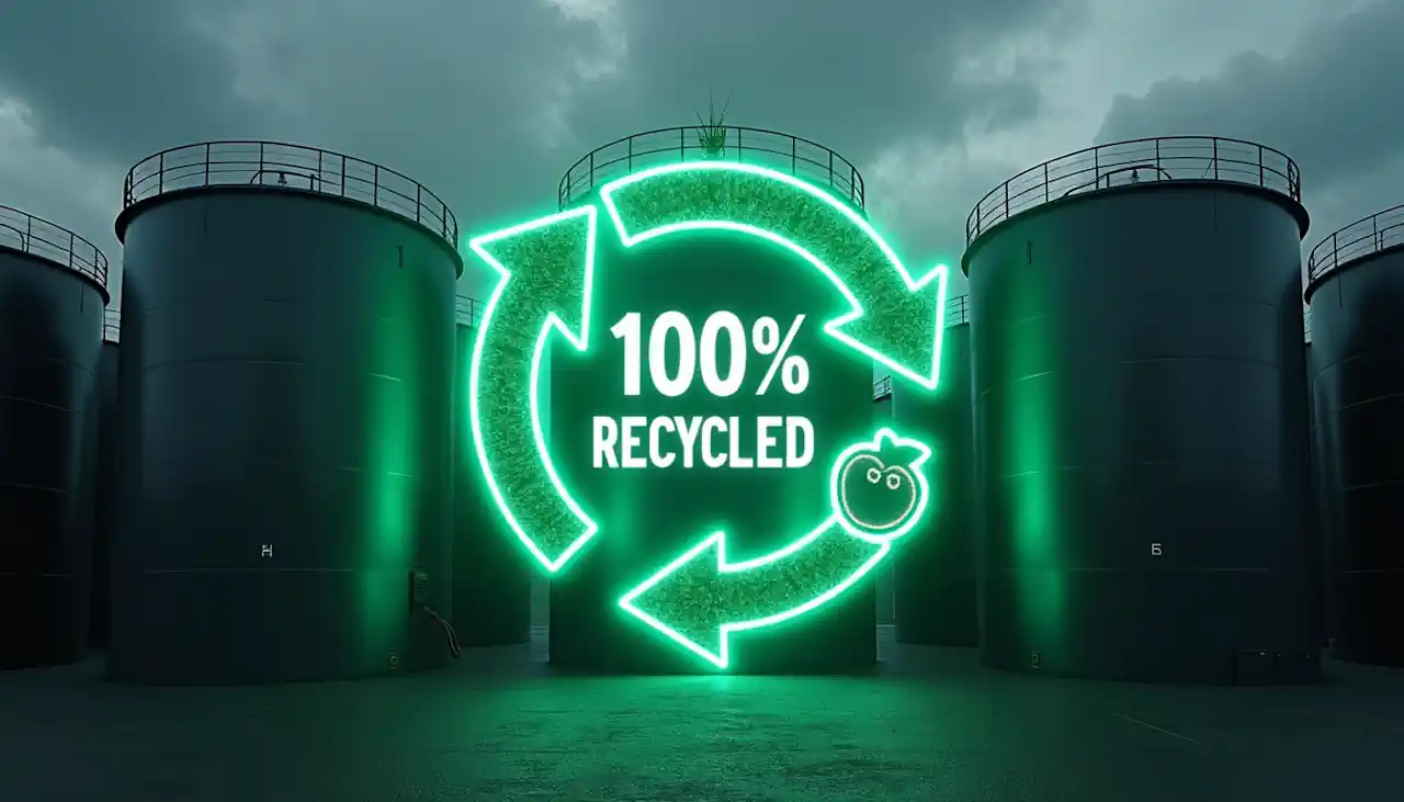 Illustration of a biogas plant with a graphic to point out that biogas from waste is 100 recycled and used to comply with the RTFO UK biofuel target.