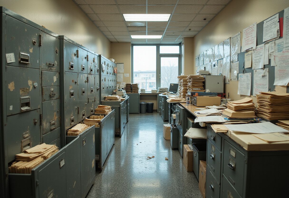 Anaerobic Digestion Plant permitting. A cluttered corporate office hallway filled with filing cabinets, paperwork, and worn desks, reflecting intense administrative activity.