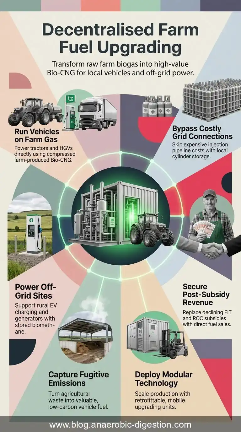 Decentralised farm fuel upgrading concept infographic.