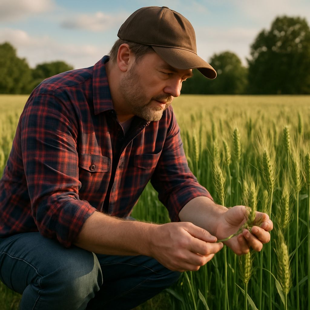 A farmer inspects his grain in a field with great hope for a successful harvest, after applying Digestate Fertilizer.