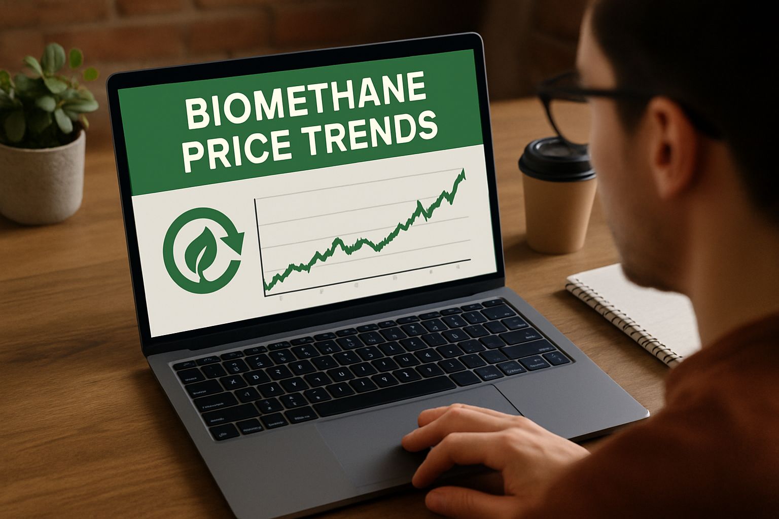 A man sits in front of a biomethane price trend chart on a laptop.