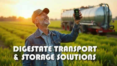 A farmer holds up his smartphone to his leachate tanker used for digestate transport in the background