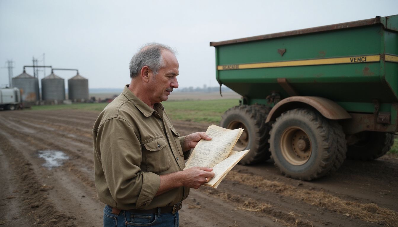 Digestate Costs: A concerned middle-aged man analyses cost breakdowns and specifications while standing beside a large agricultural spreader in a farmyard.